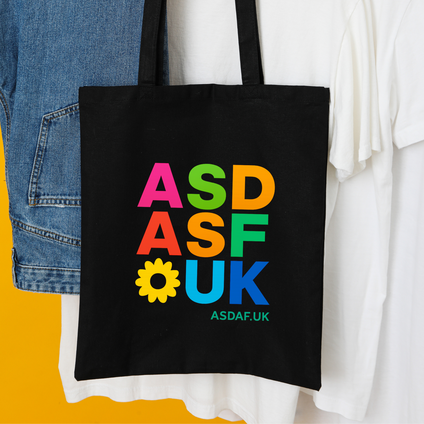 ASDAF Tote Bag – Colourful Autistic Design | Ethical Organic Cotton | Hidden Disability Symbol | Black Eco Tote