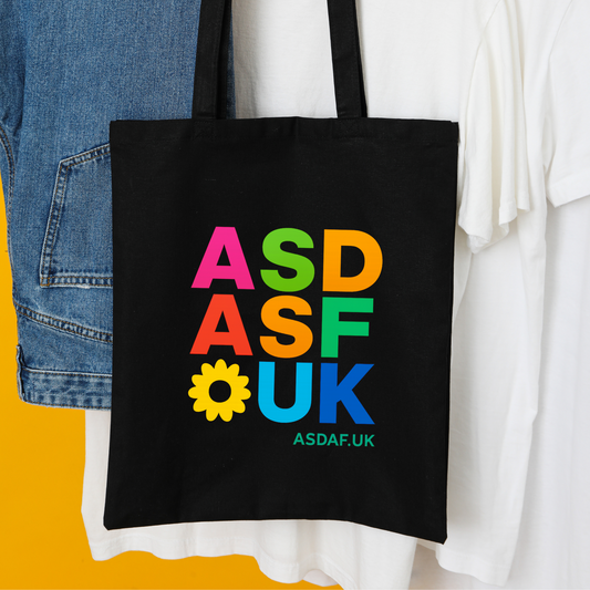 ASDAF Tote Bag – Colourful Autistic Design | Ethical Organic Cotton | Hidden Disability Symbol | Black Eco Tote
